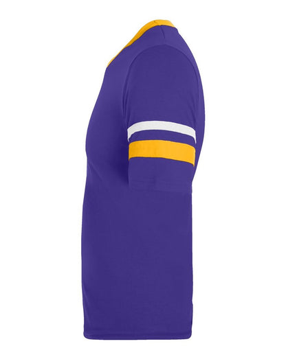 Augusta Sportswear V-Neck Jersey with Striped Sleeves 360 #color_Purple/ Gold/ White