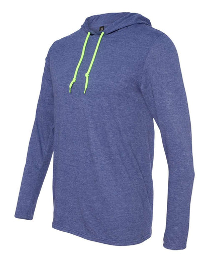 Gildan Unisex Softstyle® Lightweight Hooded Long Sleeve T-Shirt 987 #color_Heather Blue/ Neon Yellow