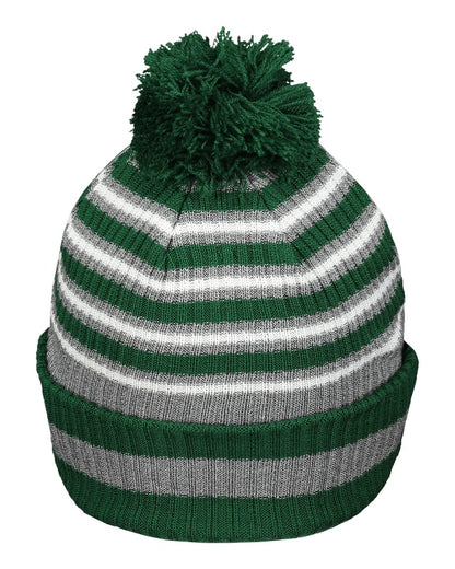Holloway 8 1/2" Spirit Pom Beanie 223815 #color_Dark Green/ Heather Grey/ White