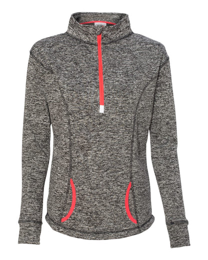 J. America Women's Cosmic Fleece Quarter-Zip Pullover 8617 #color_Charcoal Fleck/ Fire Coral
