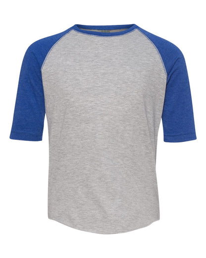 LAT Youth Baseball Fine Jersey Three-Quarter Sleeve Tee 6130 #color_Vintage Heather/ Vintage Royal