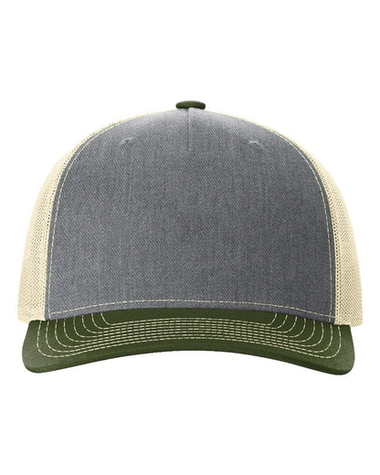 Richardson Five-Panel Trucker Cap 112FP #color_Heather Grey/ Birch/ Army Olive