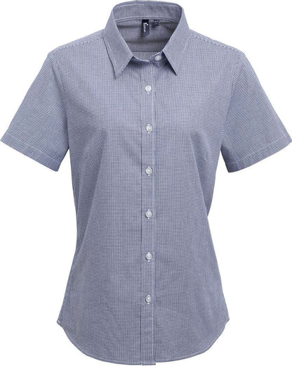 Artisan Collection by Reprime Women's Microcheck Gingham Short Sleeve Cotton Dress Shirt RP321 #color_Navy/ White