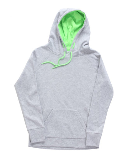 J. America Women’s Cosmic Fleece Hooded Sweatshirt 8616 #color_Ice Fleck/ Neon Green