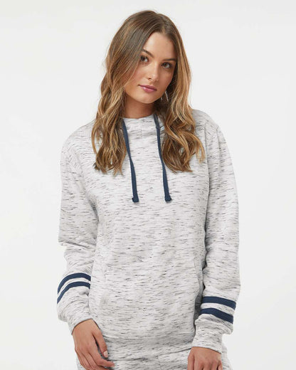 J. America Women’s Mélange Fleece Striped-Sleeve Hooded Sweatshirt 8674 #colormdl_White/ Navy