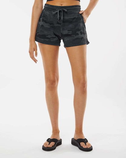 Independent Trading Co. Women’s Lightweight California Wave Wash Fleece Shorts PRM20SRT #colormdl_Black Camo Heather