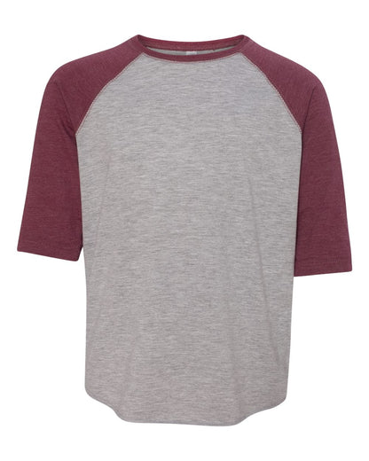 LAT Youth Baseball Fine Jersey Three-Quarter Sleeve Tee 6130 #color_Vintage Heather/ Vintage Burgundy