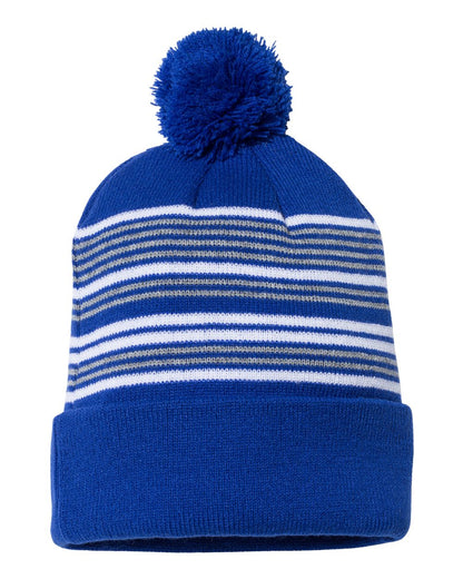 Sportsman 12" Striped Pom-Pom Cuffed Beanie SP60 #color_Royal/ White/ Grey