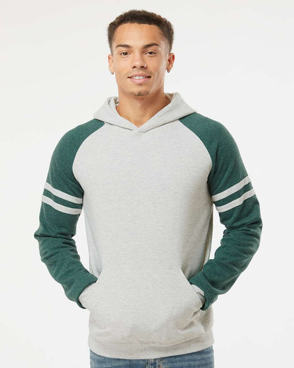 JERZEES Unisex Nublend® Varsity Colorblocked Raglan Hooded Sweatshirt 97CR #colormdl_Oatmeal Heather/ Forest Green Heather