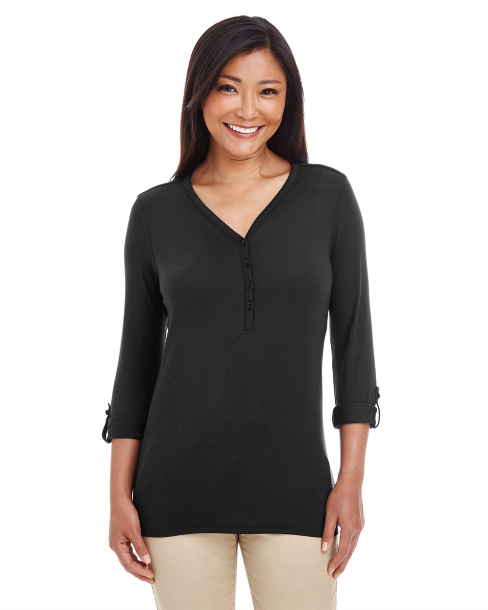 Devon & Jones Women's Perfect Fit™ Y-Placket Convertible Sleeve Knit Top DP186W