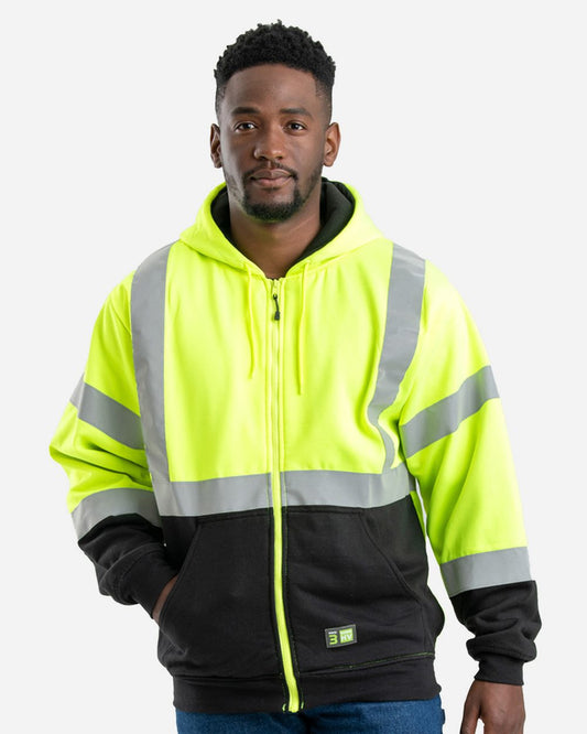 Berne Apparel Men's Hi-Vis Class 3 Color Block Full-Zip Hooded Sweatshirt HVF023