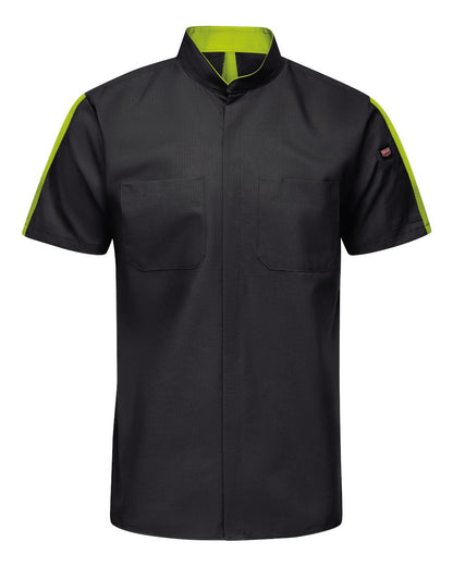 Red Kap Men's Mimix™ Pro+ Short Sleeve Work Shirt With OilBlok SX46 #color_Black/ High Vis Yellow