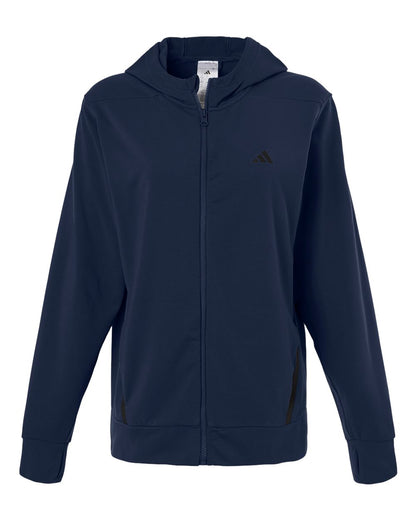 Adidas Women's Game & Go Fleece Full-Zip Hooded Sweatshirt AT209 #color_Team Navy Blue/ Black