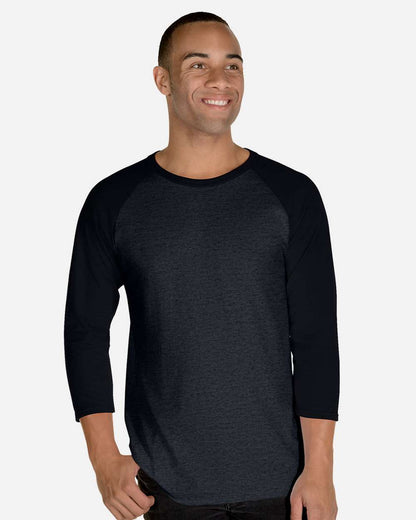 JERZEES Premium Blend Ringspun Three-Quarter Sleeve Raglan Baseball T-Shirt 560RR #colormdl_Black Ink Heather/ Black Ink