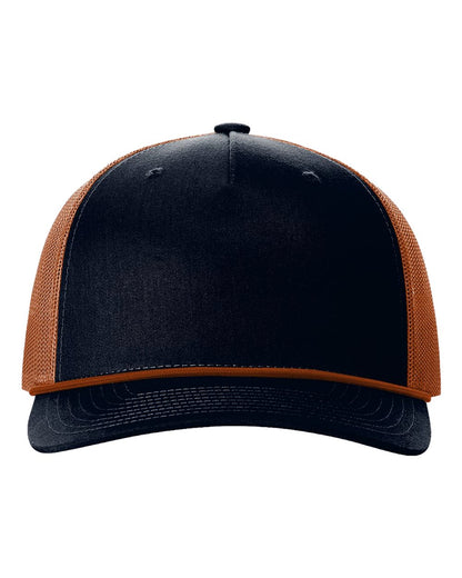 Richardson Five-Panel Trucker with Rope Cap 112FPR #color_Navy/ Dark Orange/ Dark Orange