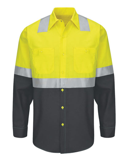 Red Kap Men's Enhanced & Hi-Visibility Long Sleeve Work Shirt SY14 #color_Hi Vis/ Charcoal
