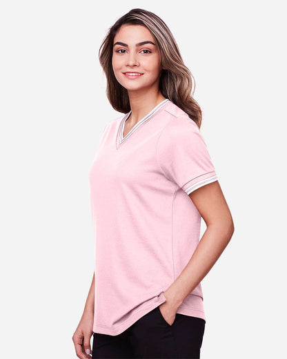 Devon & Jones Women's CrownLux Performance® Plaited Tipped V-Neck Shirt DG20CW #colormdl_Pink/ White