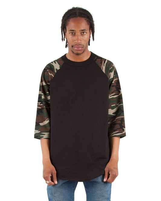 Shaka Wear Unisex Three-Quarter Sleeve Camo Raglan T-Shirt SHRAGCM