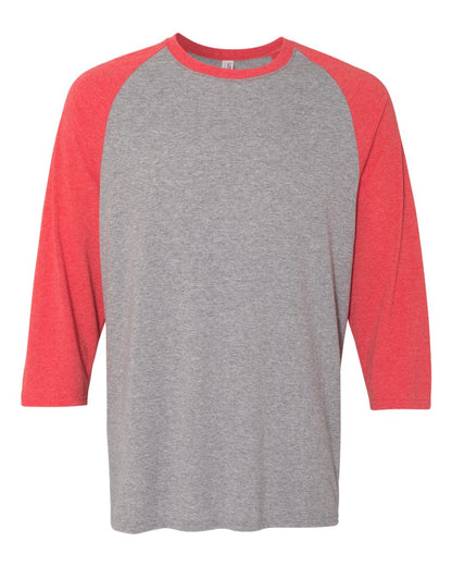 JERZEES Unisex Triblend Three-Quarter Raglan Baseball T-Shirt 601RR #color_Oxford/ Fiery Red Heather