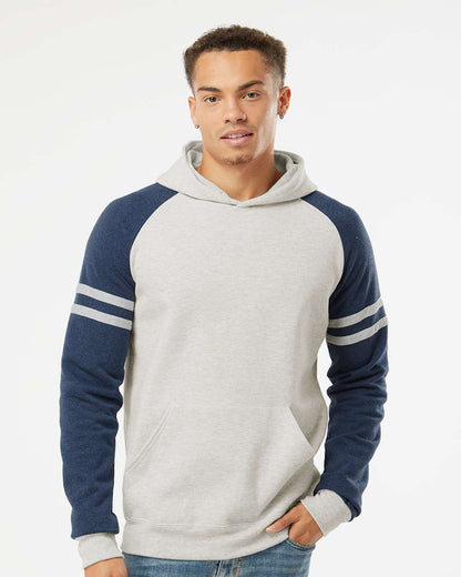 JERZEES Unisex Nublend® Varsity Colorblocked Raglan Hooded Sweatshirt 97CR #colormdl_Oatmeal Heather/ Indigo Heather