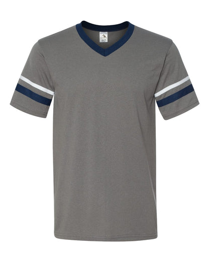 Augusta Sportswear V-Neck Jersey with Striped Sleeves 360 #color_Graphite/ Navy/ White