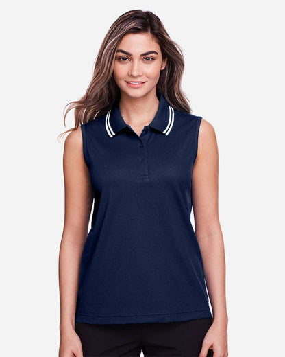 Devon & Jones Women's CrownLux Performance® Plaited Tipped Sleeveless Polo DG20SW #colormdl_Navy/ White