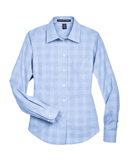 Devon & Jones Women's Crown Collection® Glen Plaid Woven Dress Shirt DG520W #color_White/ Light French Blue/ French Blue