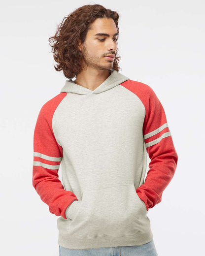 JERZEES Unisex Nublend® Varsity Colorblocked Raglan Hooded Sweatshirt 97CR #colormdl_Oatmeal Heather/ Fiery Red Heather