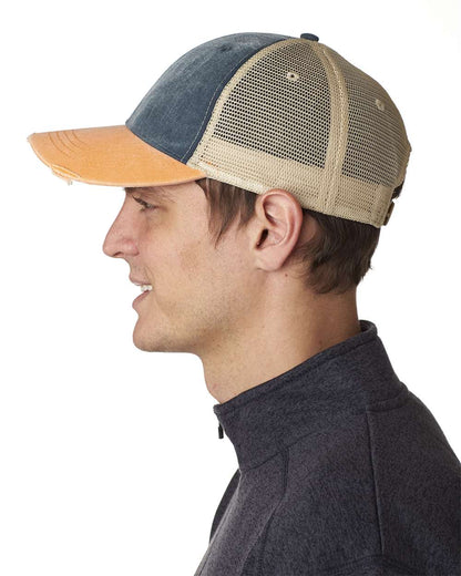 Adams Headwear Ollie Distressed Cap OL102 #colormdl_Navy/ Tangerine/ Tan