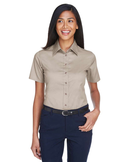 Harriton Women's Easy Blend™ Short Sleeve Twill Dress Shirt with Stain-Release M500SW #colormdl_Stone