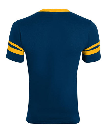 Augusta Sportswear V-Neck Jersey with Striped Sleeves 360 #color_Navy/ Gold