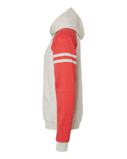 JERZEES Unisex Nublend® Varsity Colorblocked Raglan Hooded Sweatshirt 97CR #color_Oatmeal Heather/ Fiery Red Heather