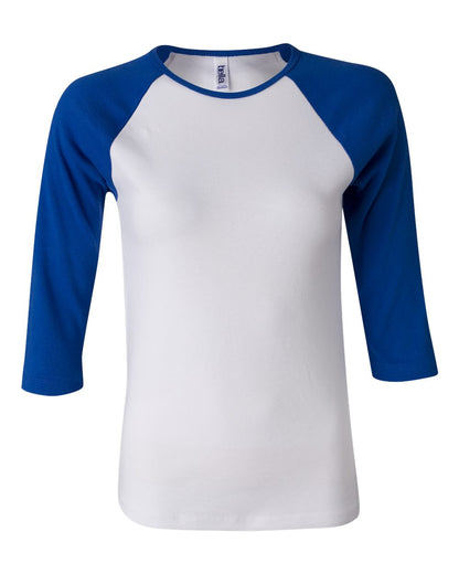 BELLA + CANVAS Women’s 1X1 Baby Rib Raglan Three-Quarter Sleeve Tee 2000 #color_White/ True Royal