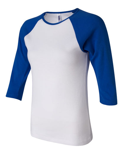 BELLA + CANVAS Women’s 1X1 Baby Rib Raglan Three-Quarter Sleeve Tee 2000 #color_White/ True Royal