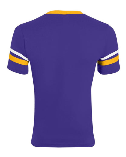 Augusta Sportswear V-Neck Jersey with Striped Sleeves 360 #color_Purple/ Gold/ White