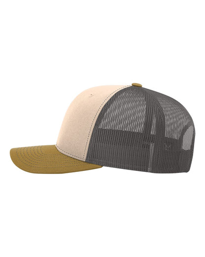 Richardson Snapback Trucker Cap 112 #color_Mink Beige/ Charcoal/ Amber Gold