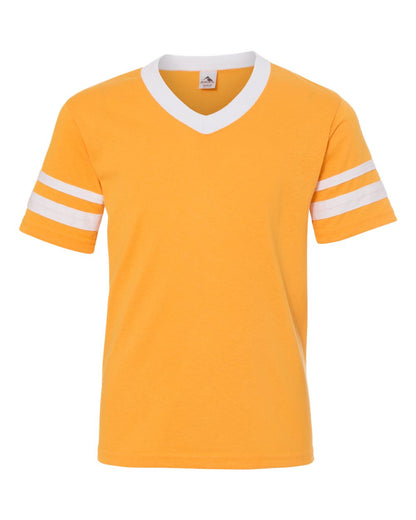 Augusta Sportswear Youth V-Neck Jersey with Striped Sleeves 361 #color_Gold/ White