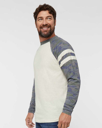 LAT Unisex Fine Jersey Mash Up Long Sleeve Tee 6934 #colormdl_Natural Heather/ Vintage Camo/ Natural Heather