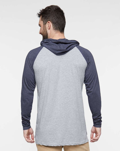 LAT Men's Fine Jersey Hooded Long Sleeve Raglan T-Shirt 6917 #colormdl_Vintage Heather/ Vintage Navy/ White