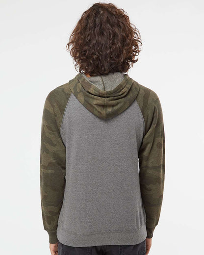 Independent Trading Co. Unisex Special Blend Raglan Hooded Sweatshirt PRM33SBP #colormdl_Nickel Heather/ Forest Camo