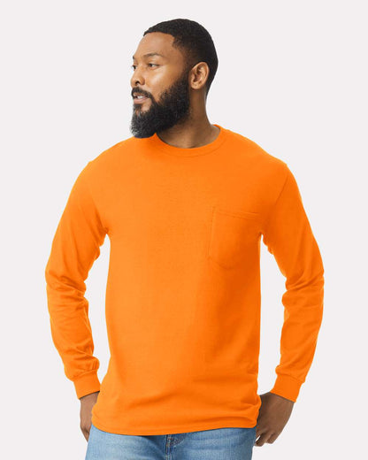 Gildan Unisex Ultra Cotton® Long Sleeve Pocket T-Shirt 2410 #colormdl_Safety Orange