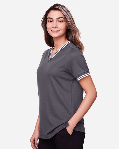 Devon & Jones Women's CrownLux Performance® Plaited Tipped V-Neck Shirt DG20CW #colormdl_Graphite/ White