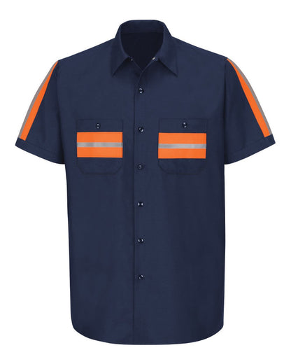 Red Kap Men's Tall Enhanced Visibility Industrial Work Shirt SP24ET #color_Navy/ Orange Trim
