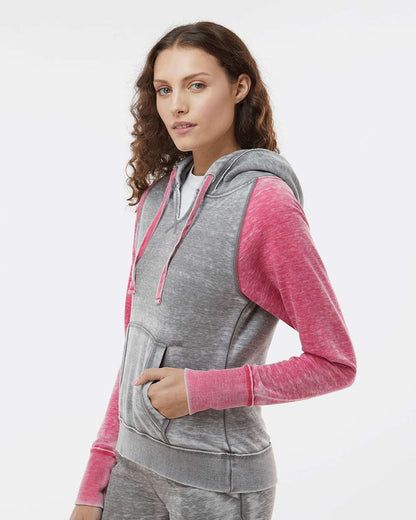 J. America Women's Zen Fleece Raglan Hooded Sweatshirt 8926 #colormdl_Cement/ Wildberry