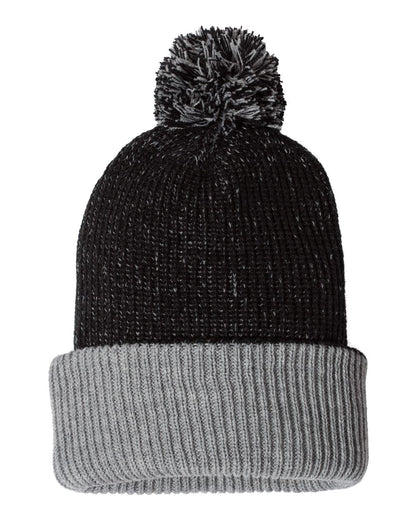 Sportsman 12" Speckled Pom-Pom Cuffed Beanie SP70 #color_Black/ Heather Grey