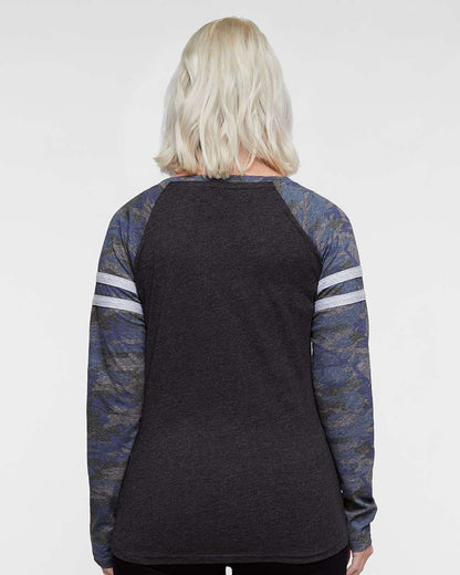LAT Women's Fine Jersey Mash Up Long Sleeve T-Shirt 3534 #colormdl_Vintage Smoke/ Vintage Camo