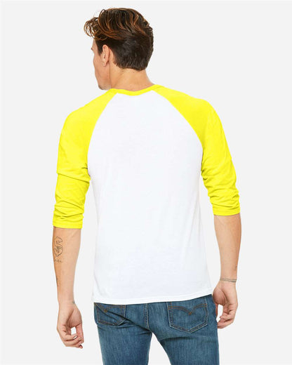 BELLA + CANVAS Unisex Three-Quarter Sleeve Baseball Tee 3200 #colormdl_White/ Neon Yellow