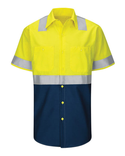 Red Kap Men's Enhanced & Hi-Visibility Work Shirt SY24 #color_Fluorescent Yellow/ Green/ Navy