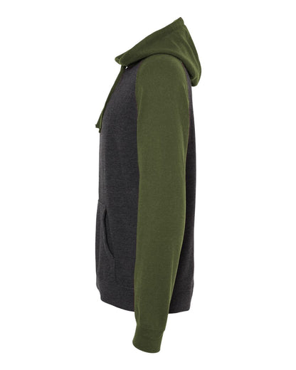 Independent Trading Co. Unisex Raglan Hooded Sweatshirt IND40RP #color_Charcoal Heather/ Army Heather