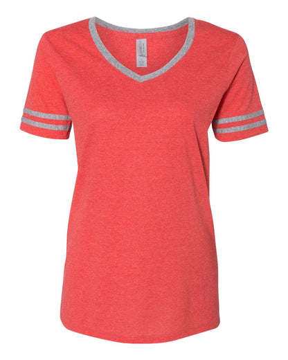 JERZEES Women's Varsity Triblend V-Neck T-Shirt 602WVR #color_Fiery Red Heather/ Oxford